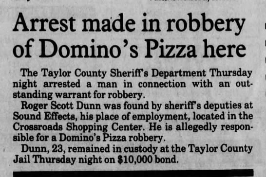 Clipping of story about Domino's Pizza robbery